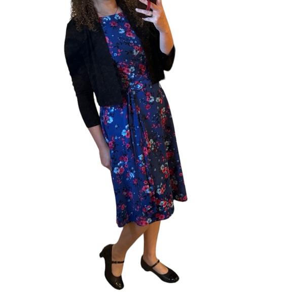 Elle Dresses & Skirts - Elle Blue Pink Floral Fit Flare Belted Midi Dress Women’s Size Small‎